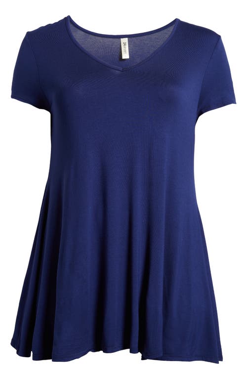 24seven Comfort Apparel Plus Size Short Sleeve V-neck Tunic Top In Navy