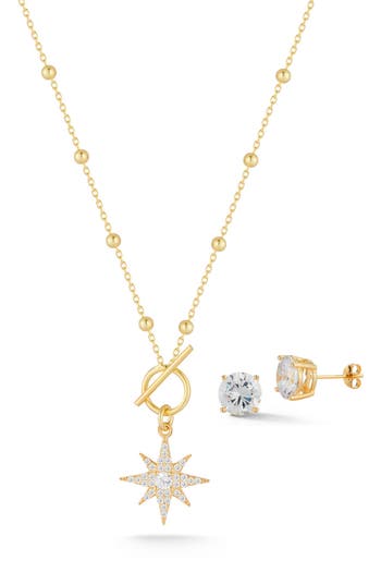 Glaze Jewelry Cubic Zirconia Stud Earrings & Star Pendant Necklace Set In Gold