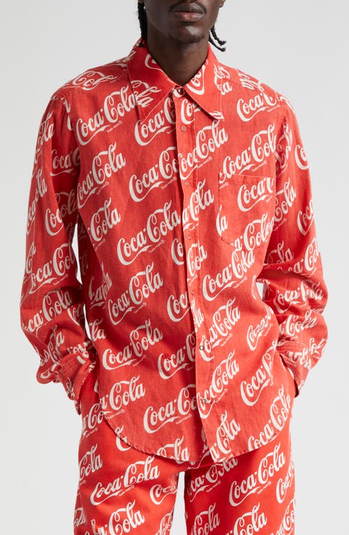 ERL Gender Inclusive Coca-Cola Cotton & Linen Snap-Up Shirt Red Coca Cola at Nordstrom,