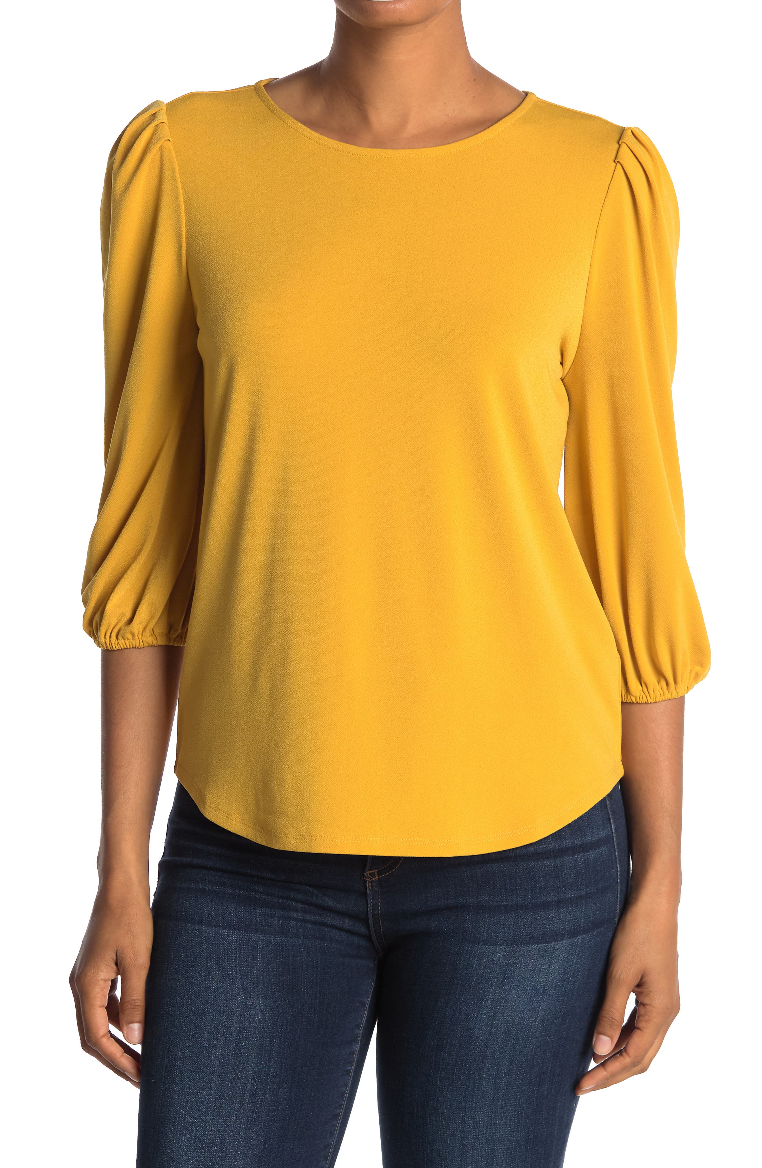 Adrianna Papell Scoop Neck 3/4 Sleeve Moss Crepe Top In Gold