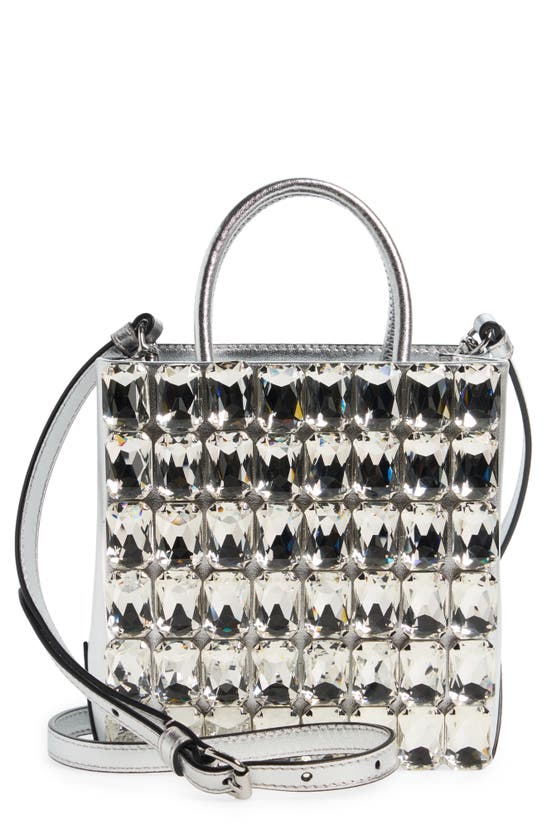 Shop Moschino Still Life Crystal Embellished Metallic Leather Tote In Fantasy Print Nickel