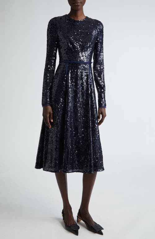 Shop Erdem Sequin Long Sleeve Midi Cocktail Dress In Navy