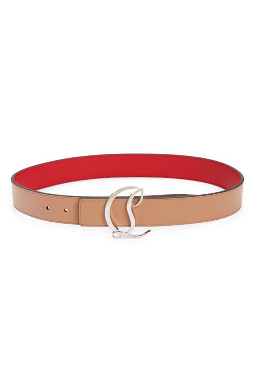 Shop Christian Louboutin Logo Buckle Leather Belt In Nude/silver