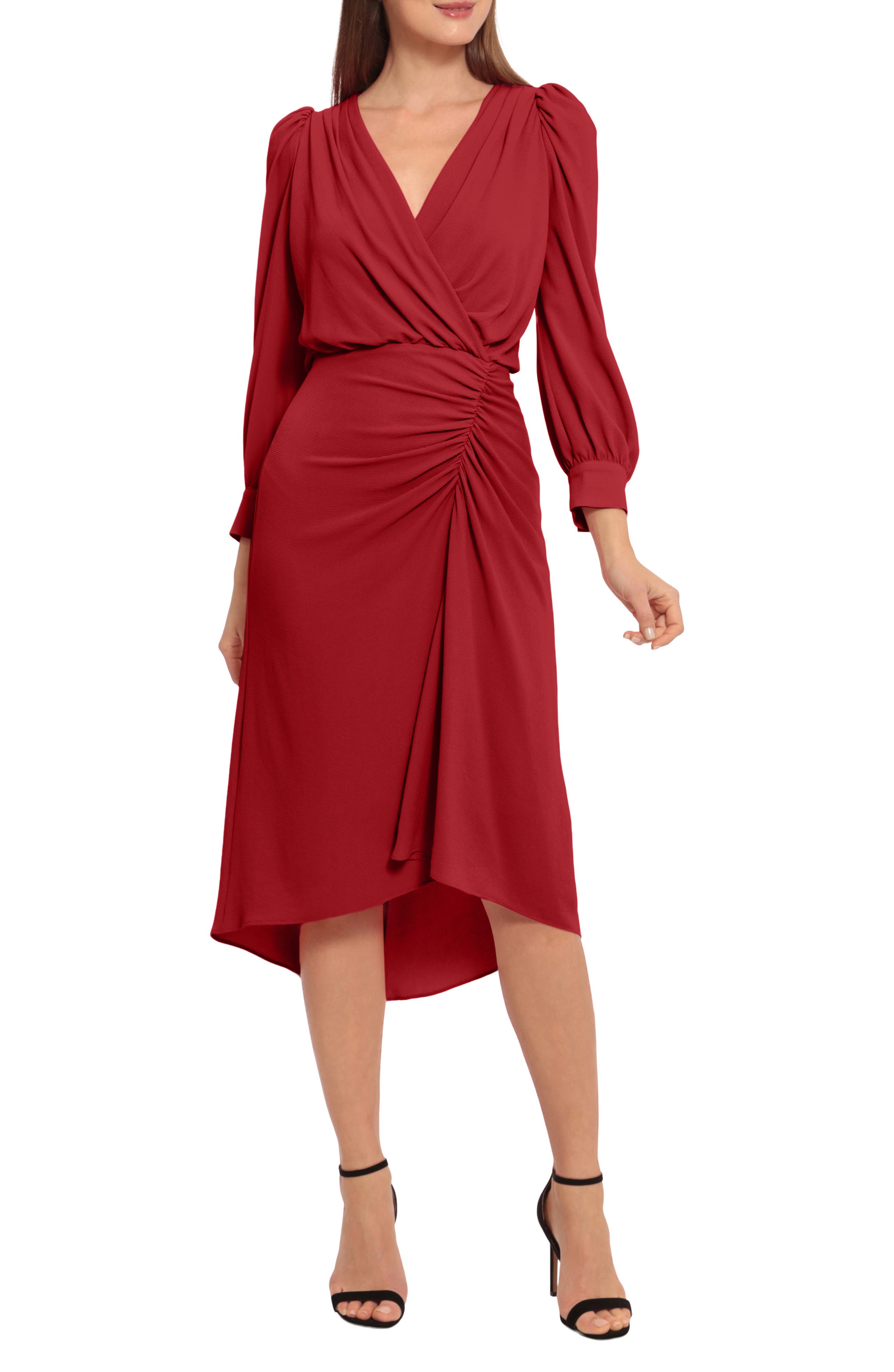 Vintage Cocktail Dresses, Party Dresses, Prom Dresses Maggy London Ruched Long Sleeve High-Low Midi Dress in Equestrian Red at Nordstrom Rack Size 14 $79.97 AT vintagedancer.com
