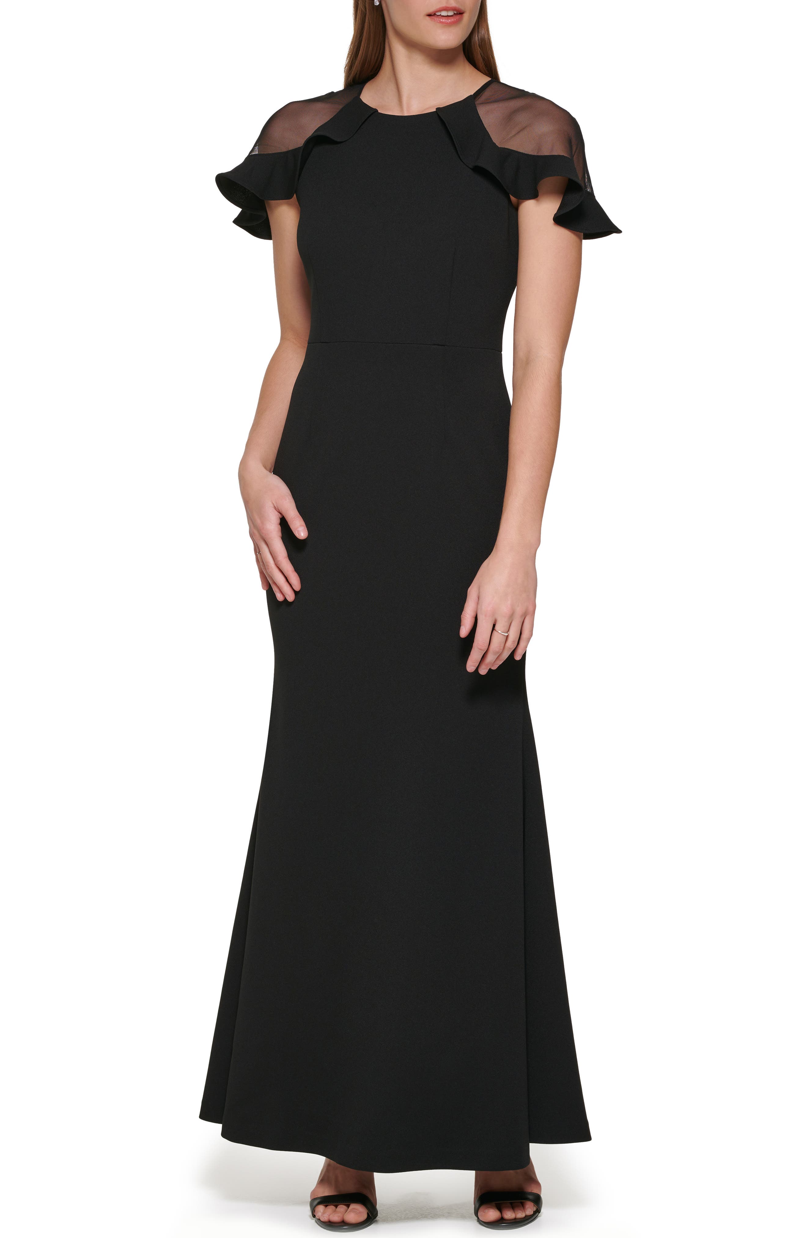 Eliza J Sheer Panel Flutter Sleeve Trumpet Gown in Black Smart Closet