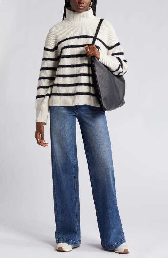 Nordstrom Stripe Cashmere Mock Neck Sweater In Ivory Sand- Black Stripe