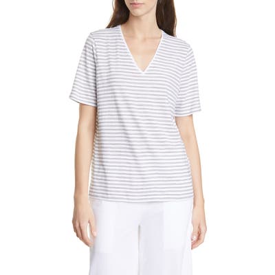 Eileen Fisher V-Neck Stripe Organic Cotton Tee, White