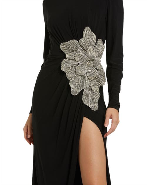 Mac Duggal Thigh High Slit Embellished Flower Detail Jersey Gown In Black