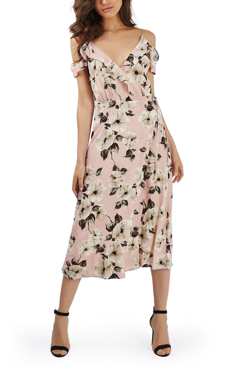 Topshop 'Blush Floral' Ruffle Cold Shoulder Wrap Midi Dress | Nordstrom