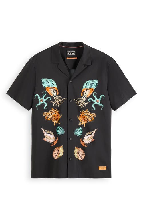 Scotch & Soda Nautical Print Camp Shirt Black at Nordstrom,