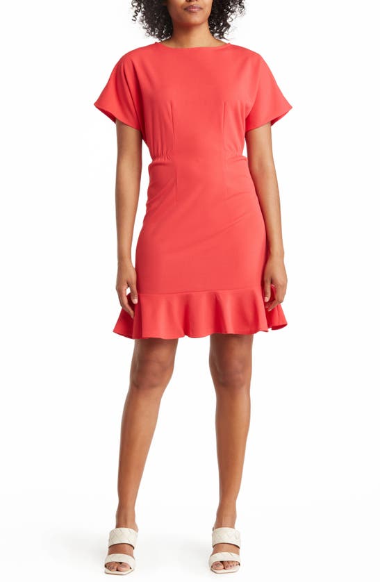Donna Morgan Ruffle Hem Short Sleeve Dress In Watermelon