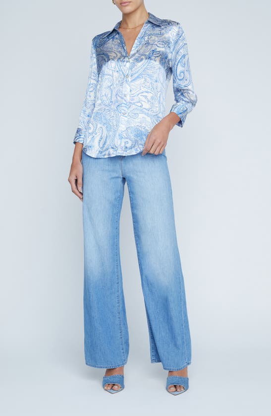 Shop L Agence Dani Paisley Print Silk Button-up Shirt In Ivory/ Blue Decorated Paisley