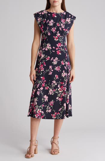 Shop Calvin Klein Floral Cap Sleeve Empire Waist Midi Dress In Indigo/fuchsia Multi
