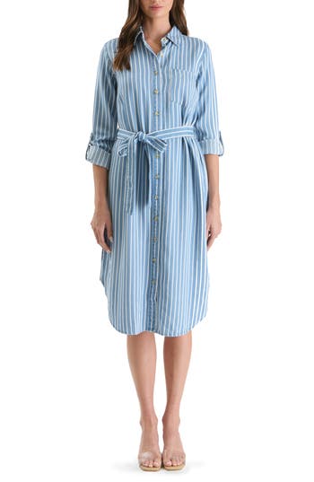 Shop August Sky Stripe Long Sleeve Chambray Shirtdress In Chambray Multi