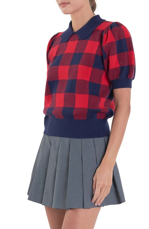 English Factory Gingham Puff Sleeve Sweater In Navy/red