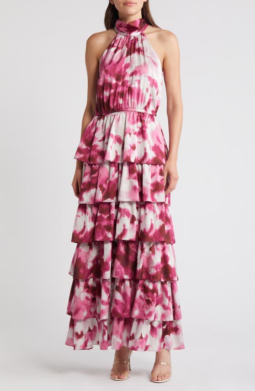 Printed Tiered Mock Neck Maxi Dress in Pink Print