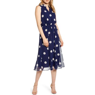 Anne Klein Dot Print Drawstring Waist Sleeveless Dress, Blue