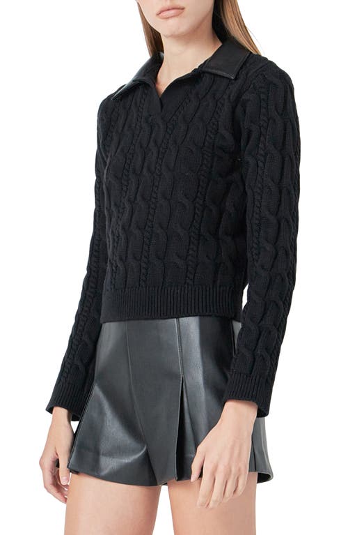 Shop Endless Rose Faux Leather Collar Cable Sweater In Black