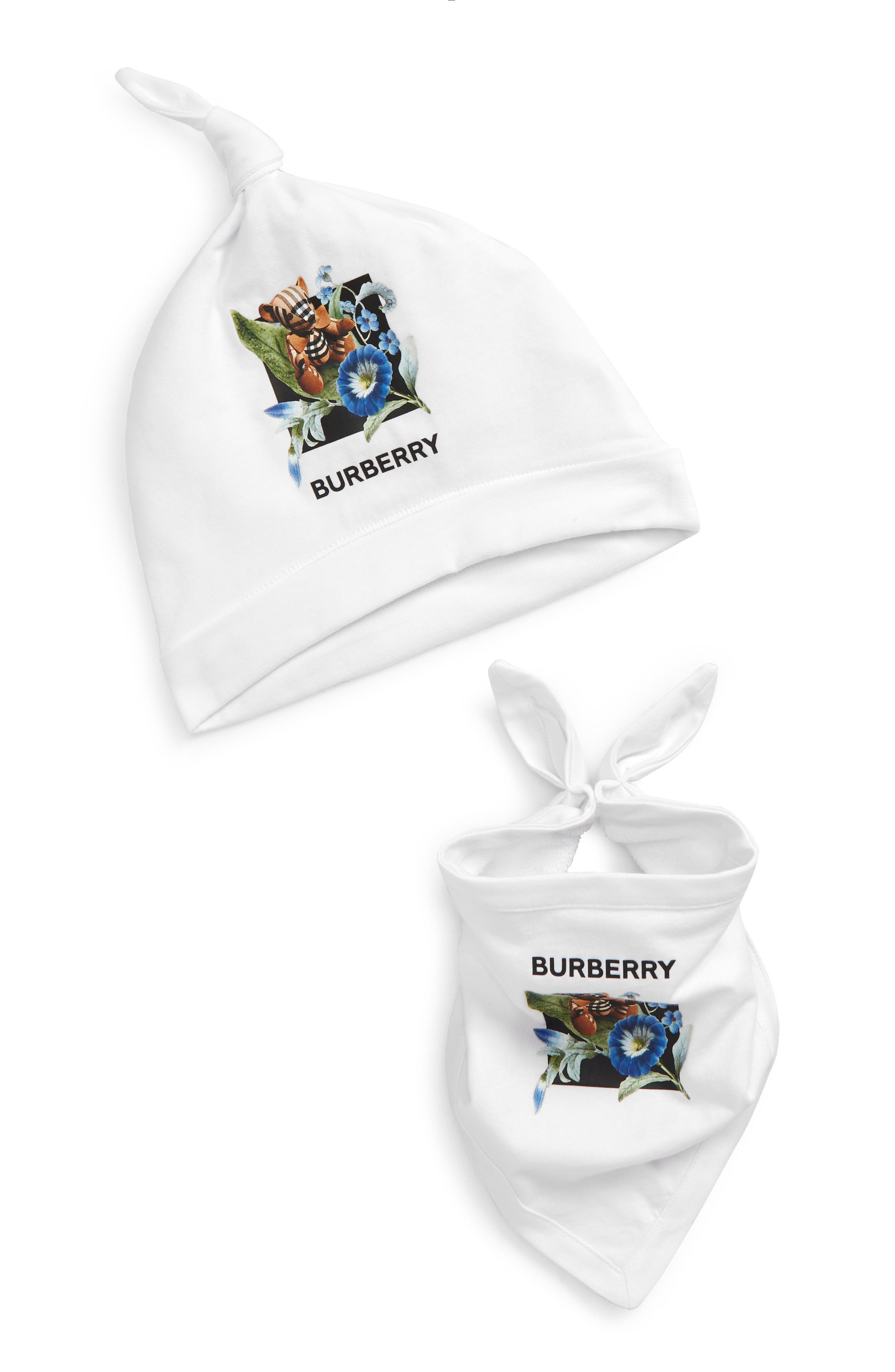 Burberry Floral & Bear Print Cotton Hat & Bib Set in White at Nordstrom, Size 6-9 M Us