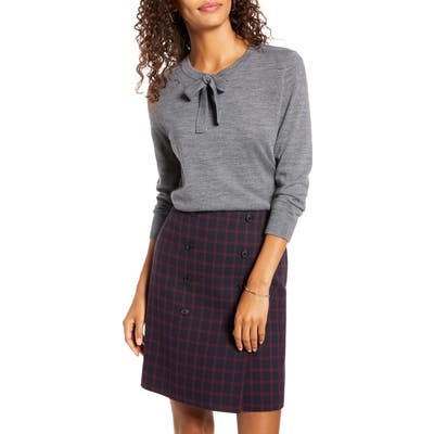 1901 Tipped Tie Neck Wool Blend Sweater, Grey
