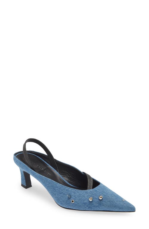 Shop Justine Clenquet Joy Kitten Heel Pointed Toe Slingback Mule In Denim Blue