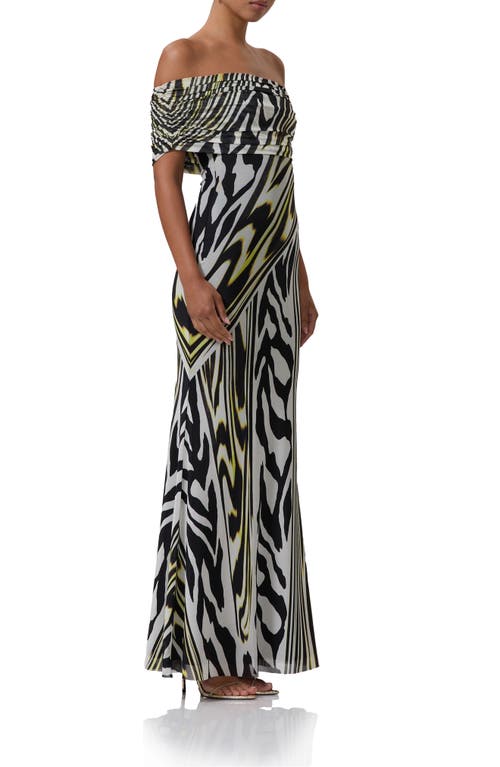 Shop Afrm Mccall Off The Shoulder Mesh Maxi Dress In Zebra Lime