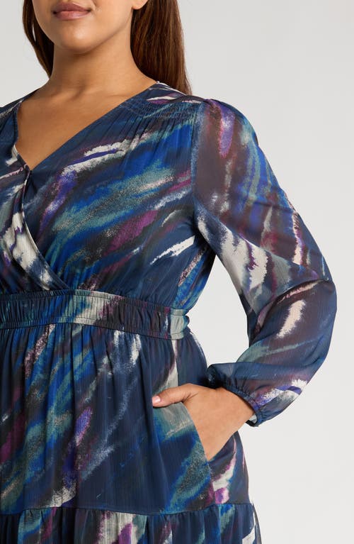 Shop Chelsea28 Tiered Long Sleeve Chiffon Dress In Navy Multi Watercolor