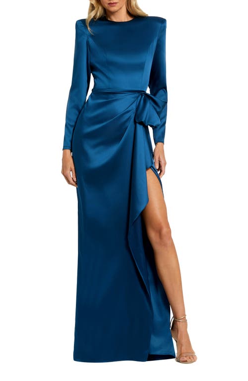 Shop Mac Duggal Satin Bow Long Sleeve Column Gown In Ocean Blue