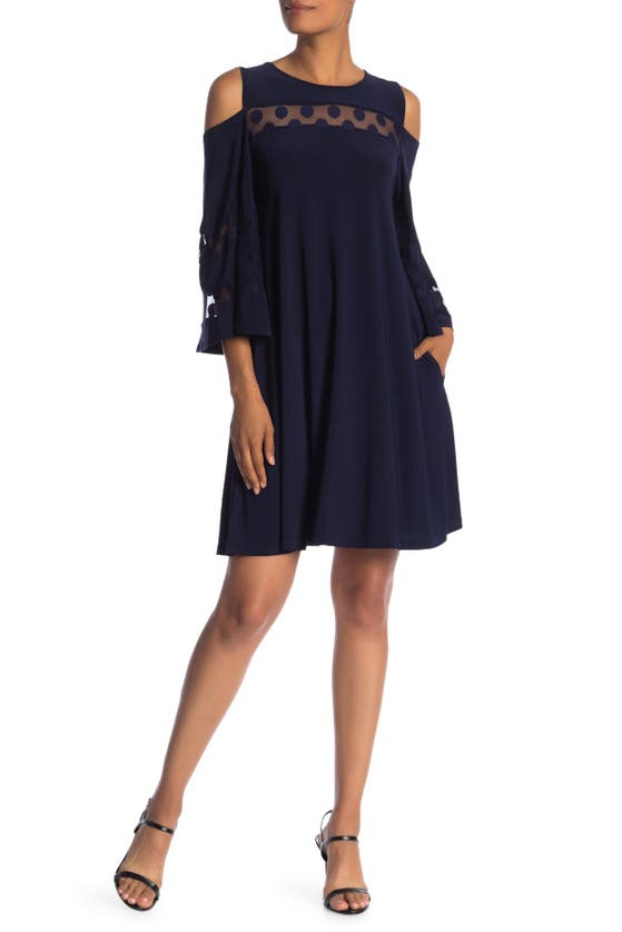 Nina Leonard 3/4 Sleeve Cold Shoulder Lace Dress In Navy