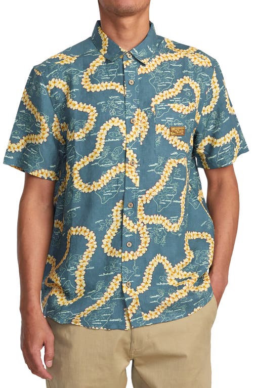 RVCA Exotica Regular Fit Floral Short Sleeve Linen Blend Button-Up Shirt Duck Blue at Nordstrom,