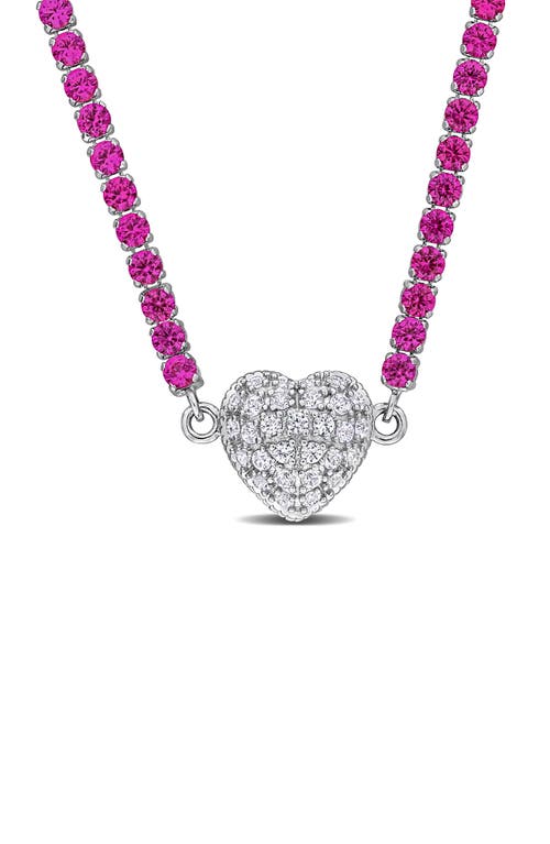 Shop Delmar Lab Created White Sapphire Heart Necklace In Pink/silver
