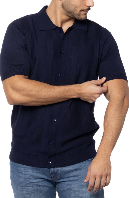 Spring + Mercer Textured Short Sleeve Button-up Sweater In Navy