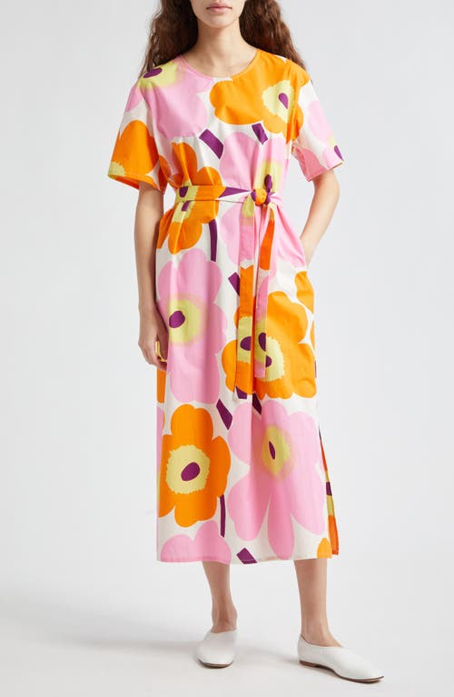 Marimekko Kemut Unikko Organic Cotton Poplin Dress In Off-white/orange/light Pink