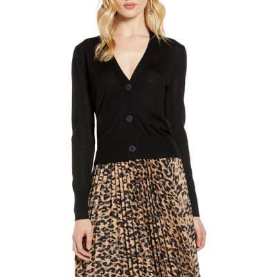Halogen V-Neck Merino Wool Jersey Cardigan, Black