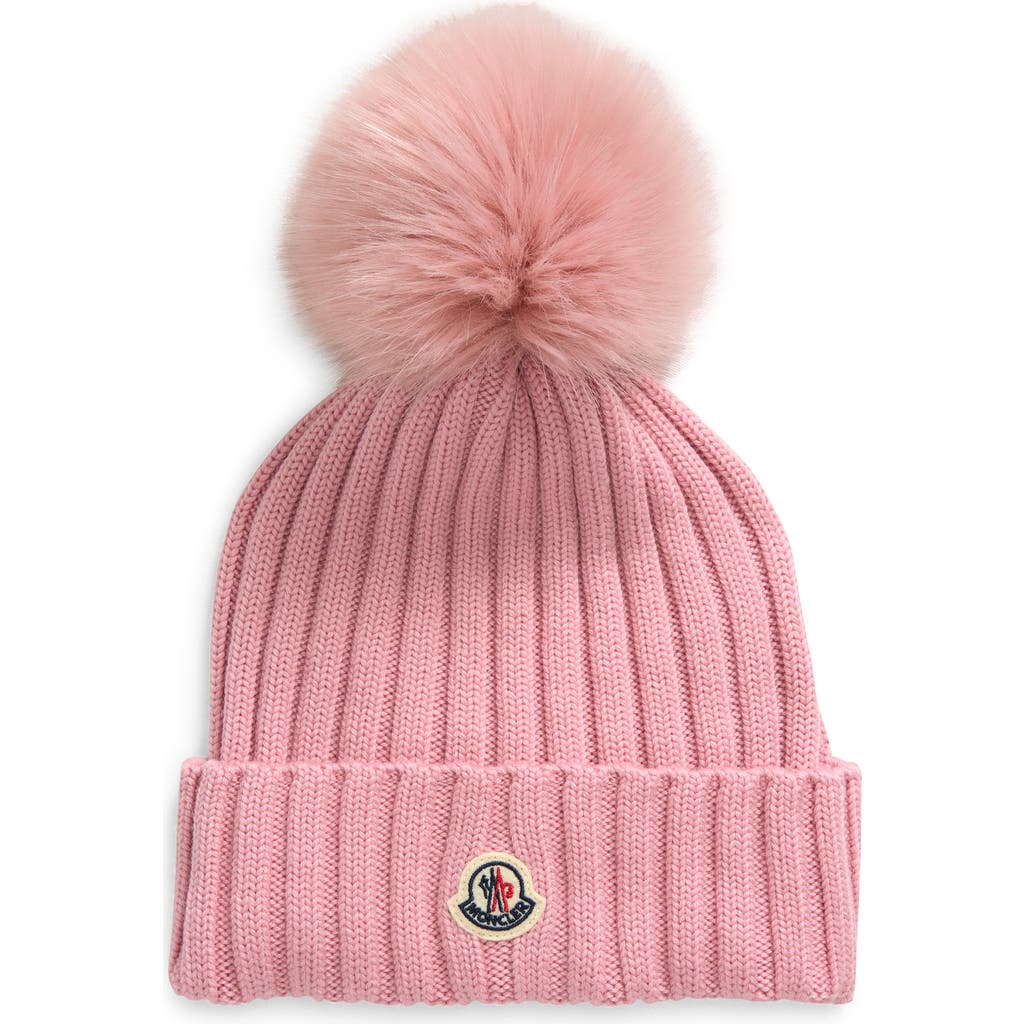 Moncler Virgin Wool Rib Beanie With Faux Fur Pompom In Pastel Pink
