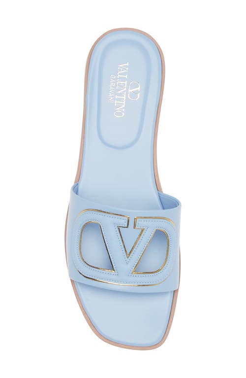 Shop Valentino Garavani Vlogo Cutout Slide Sandal In Popeline Blue/antique Brass