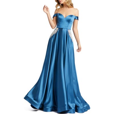 MAC Duggal Off The Shoulder Satin Ballgown, Blue