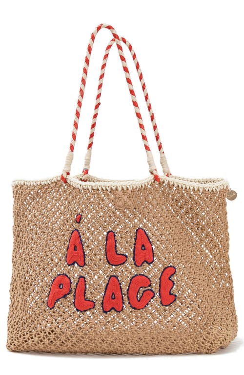 À La Plage Knotted Tote in Tan Crochet W/Navy