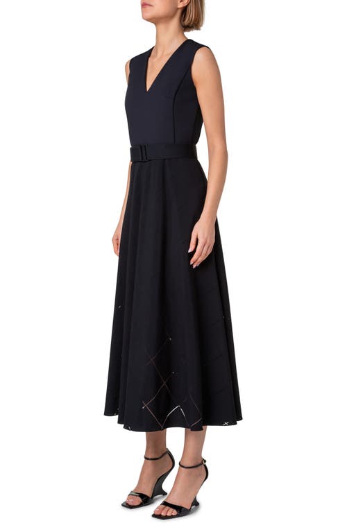 Akris Punto Mixed Media Windowpane Check Belted Midi Dress In Black