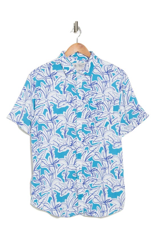 Original Penguin Linear Palm Short Sleeve Button-up Shirt In Blue