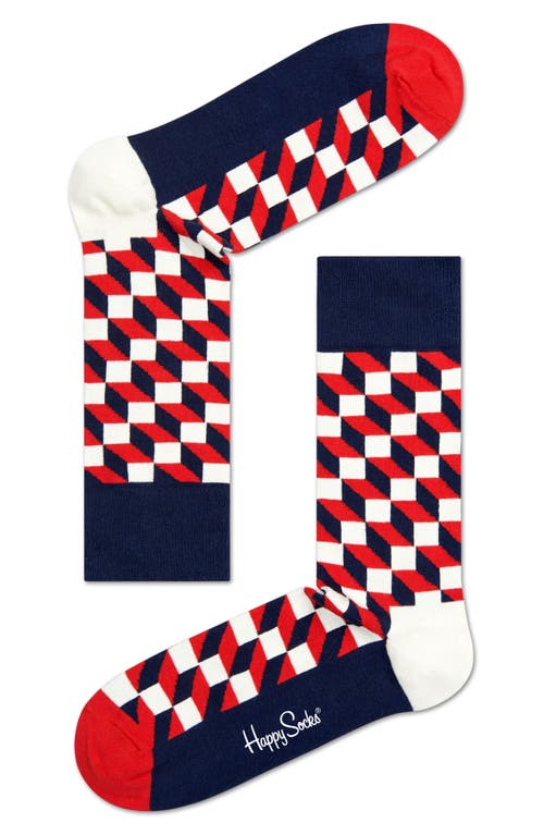 Filled Optic Cotton Blend Crew Socks in Navy/Red/White