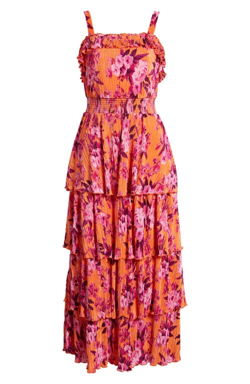 Shop Chelsea28 Plissé Tiered Maxi Dress In Orange- Pink Blossoms