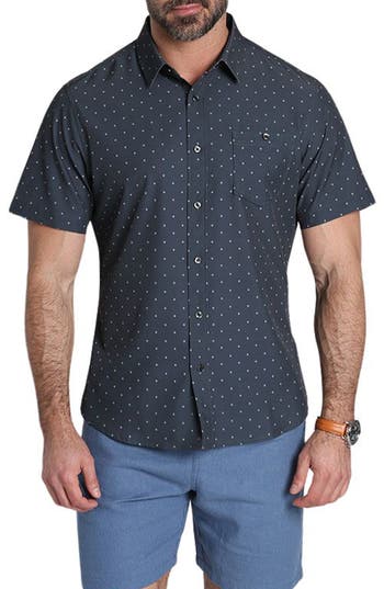 Jachs Classic Fit Short Sleeve Button-up Tech Shirt In Jet Black Poly Print