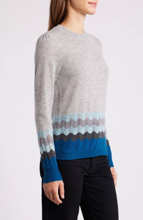 Shop Griffen Pointelle Border Wool & Cashmere Crewneck Sweater In Light Grey Teal Combo