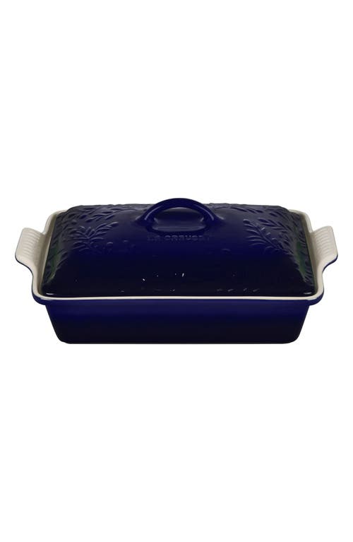 Le Creuset Heritage 2 1/2 Quart Covered Rectangular Stoneware Casserole In Indigo W/embossed Lid