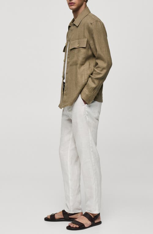 Shop Mango Linen Button-up Shirt Jacket In Khaki Green