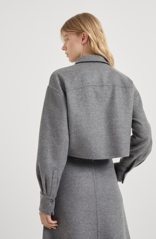 Shop Brunello Cucinelli Virgin Wool Double Cloth Cropped Shirt-style Outerwear Jacket With Shiny Tab In Medium Grey