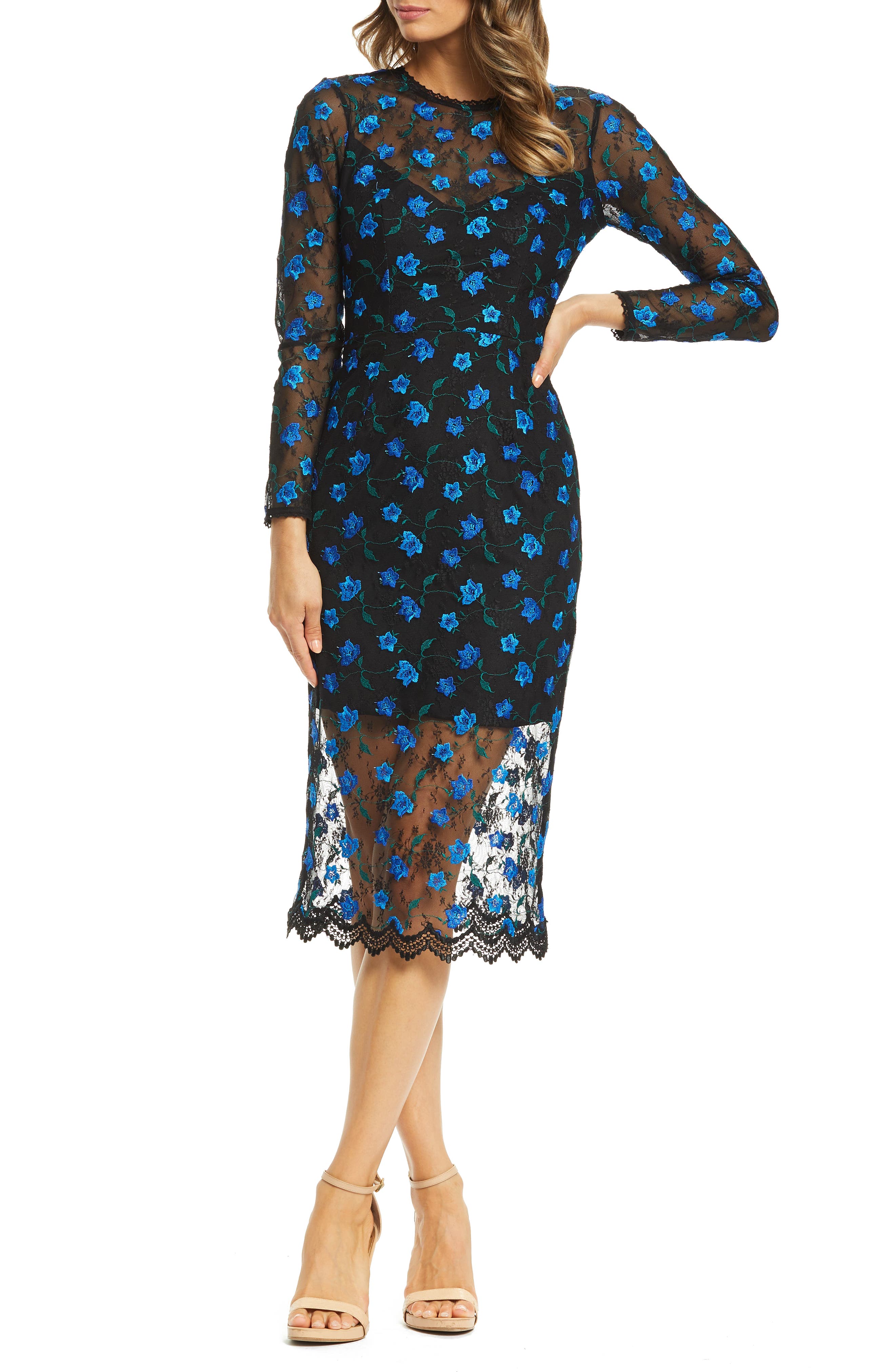 Dress The Population Sophia Embroidered Lace Midi Dress, Black