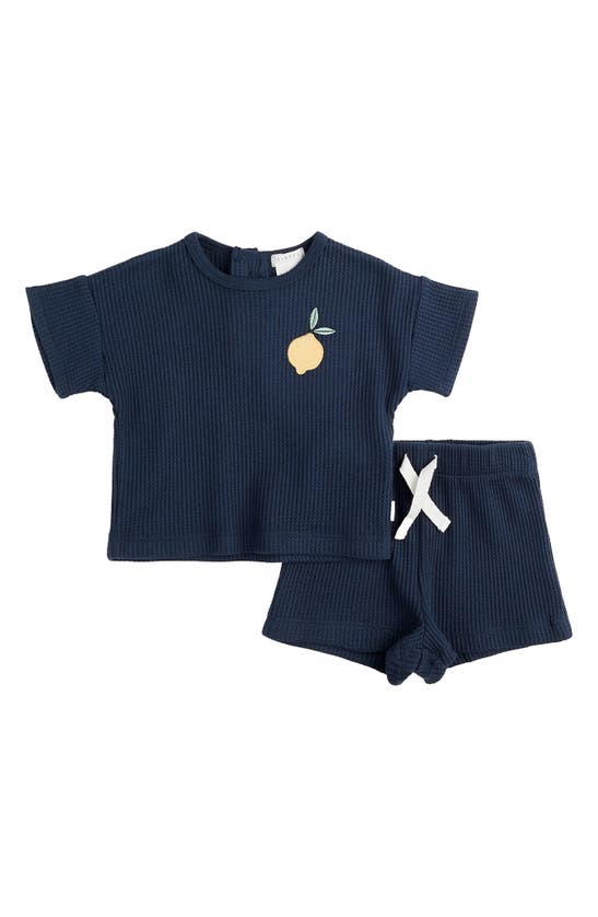 Firsts By Petit Lem Babies' Kids' Lemon Appliqué Thermal Knit T-shirt & Shorts Set In Navy