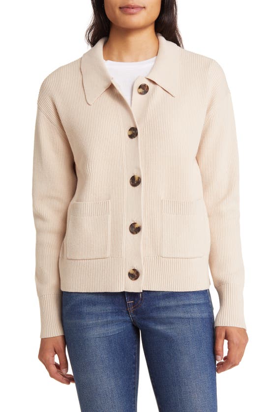 Shop Caslon (r) Collar Organic Cotton Blend Cardigan In Tan Doeskin Heather